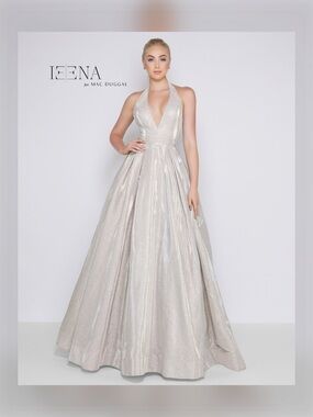 IEENA for Mac Duggal Shimmering Halter Neck Ballgown In White Ice